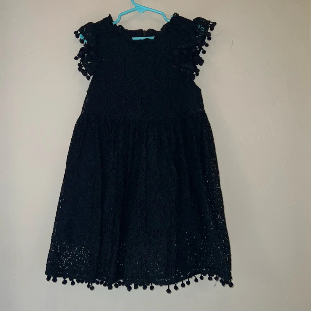 Black Lace Pom-Trim Dress